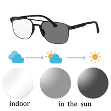 Carregar imagem no visualizador da galeria, Shinu mudança de óculos cinza para homens, armação de madeira de metal com lente vermelha 99.99% filtros de luz azul protege os olhos sh003