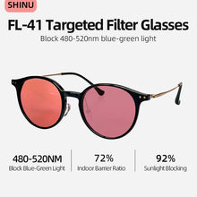 Cargar imagen en el visor de la galería, SHINU FL-41 Migraine Glasses Block 480-520nm Blue Green Light Anti Photophobia Tint Color Sunglasses Women Titainium Glasses
